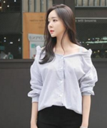(32086)韓版寬鬆漏肩條紋上衣
